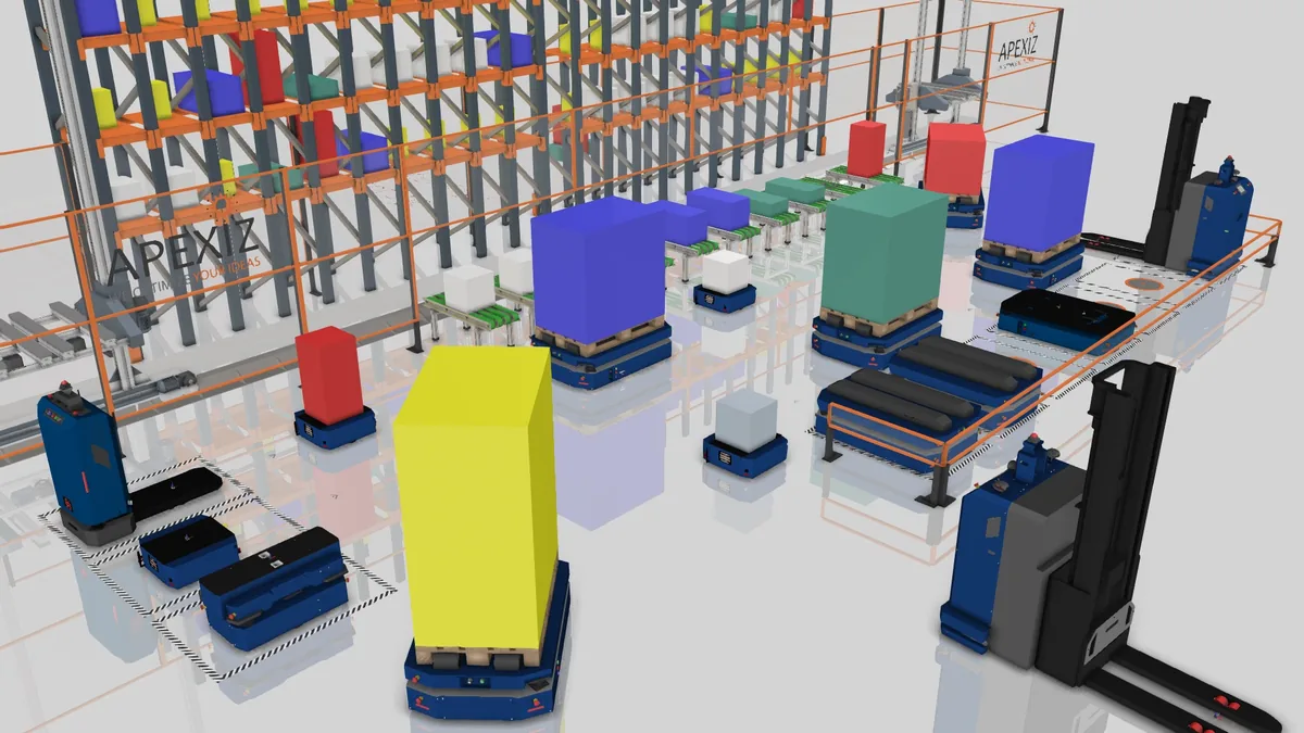 ANSCER AMR models in a Visual Components warehouse simulation — built by APEXIZ